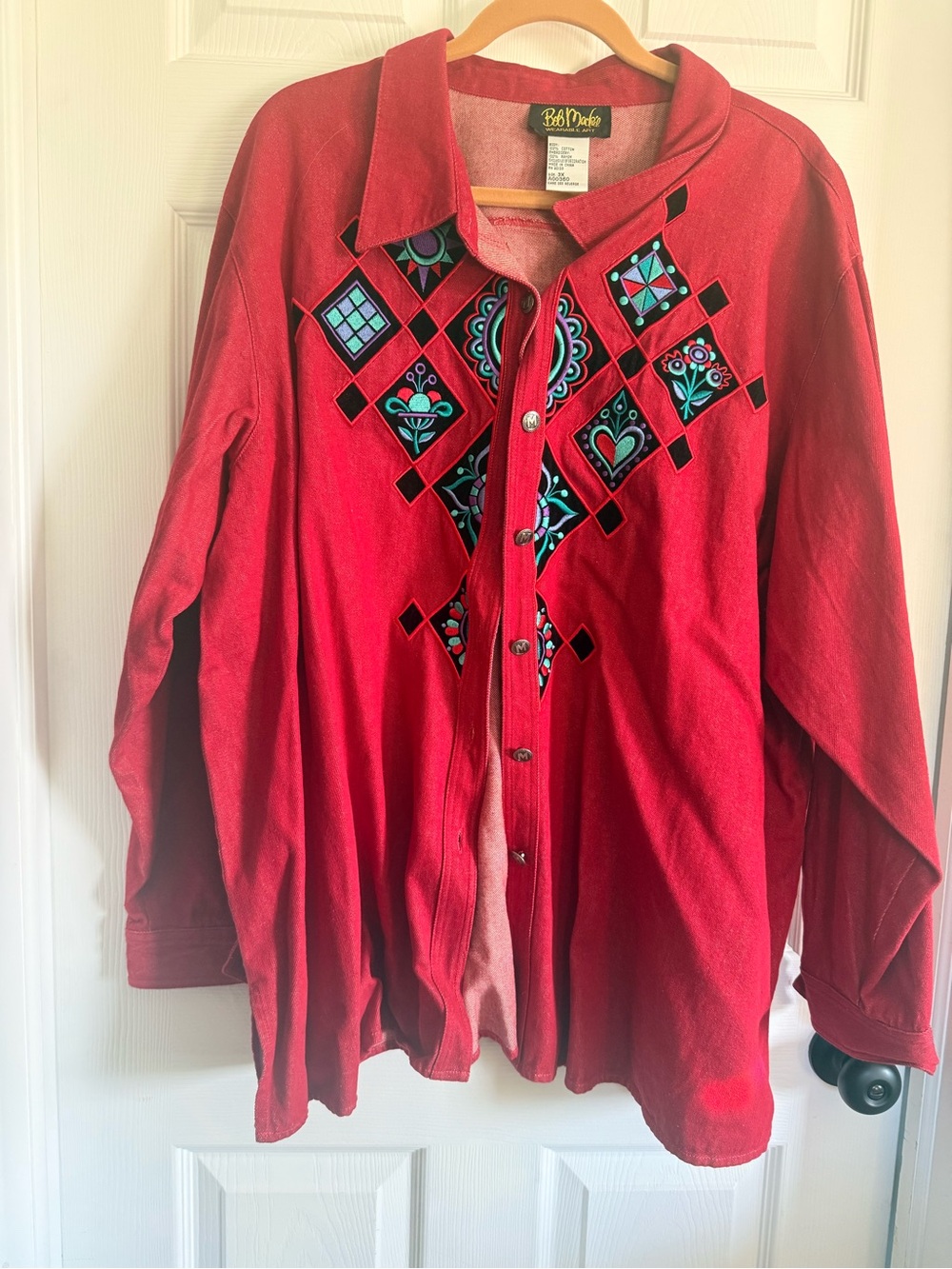Bob Mackie Red Button-Up Jacket with Teal & Black Embroidery